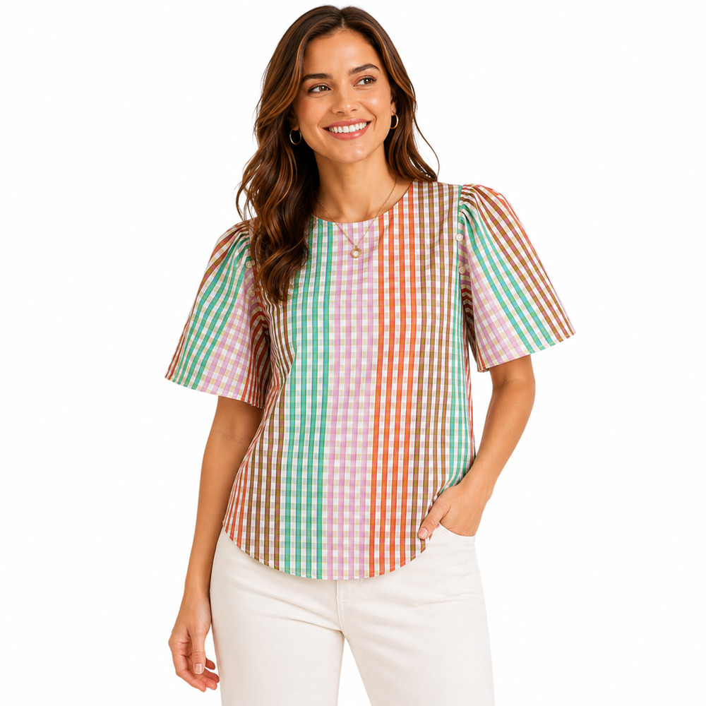 Kate Spade Womens Blouse Sz Medium Gingham Plaid Puff Sleeve Preppy Top Y2K